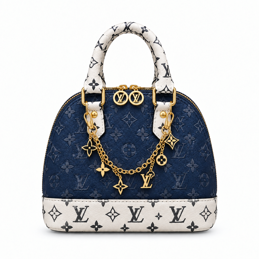 Louis Vuitton Style Monogram Charm-Chain Mini Dome Bag - navy and white, studio view