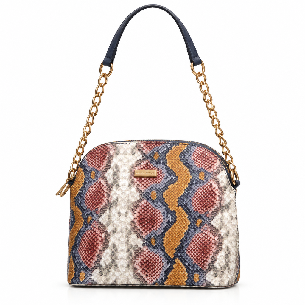 Snake print dome chain shoulder bag - multicolor python, studio view