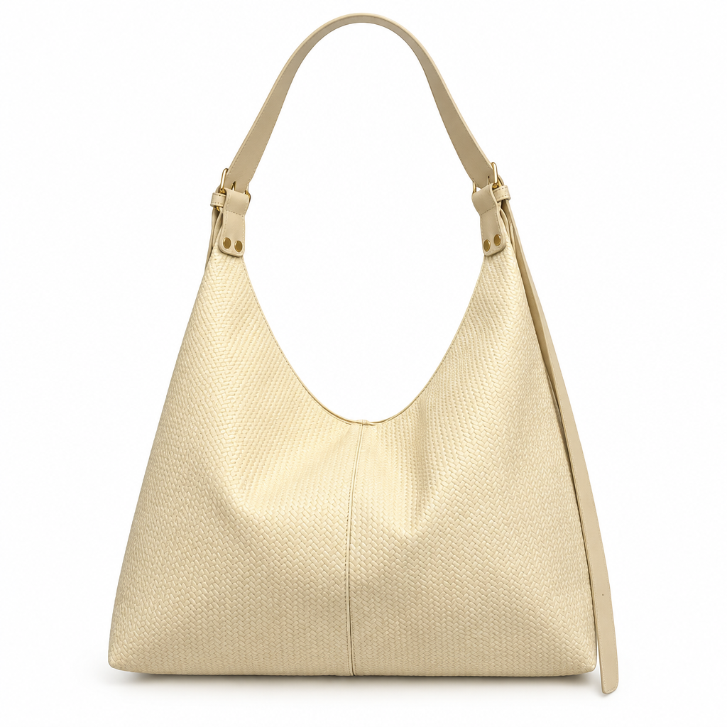 Woven Texture Adjustable-Strap Slouchy Hobo Bag - cream, studio view
