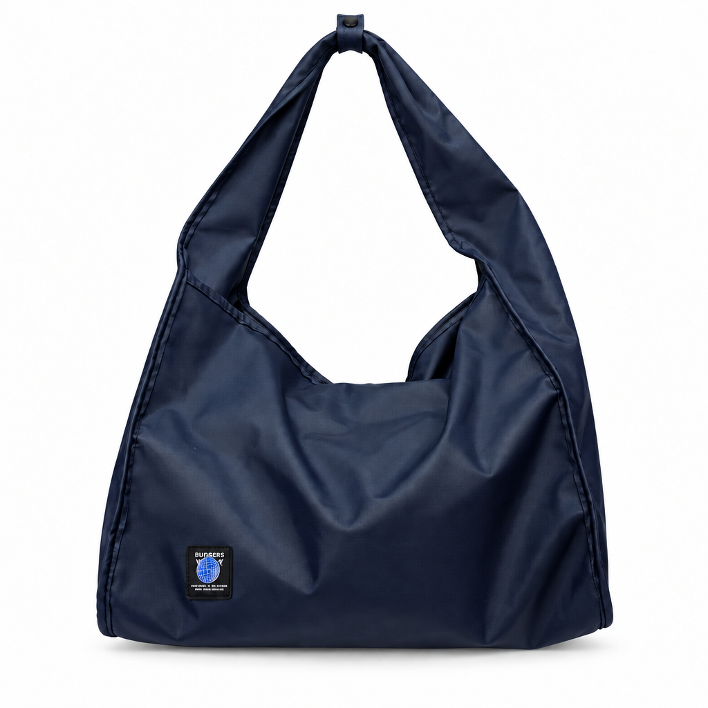 Globe Patch Wide-Strap Slouchy Shoulder Bag - navy, studio view