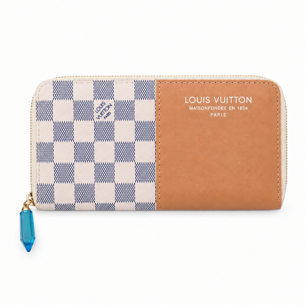 Louis Vuitton style zip around wallet - white check and tan split, studio view