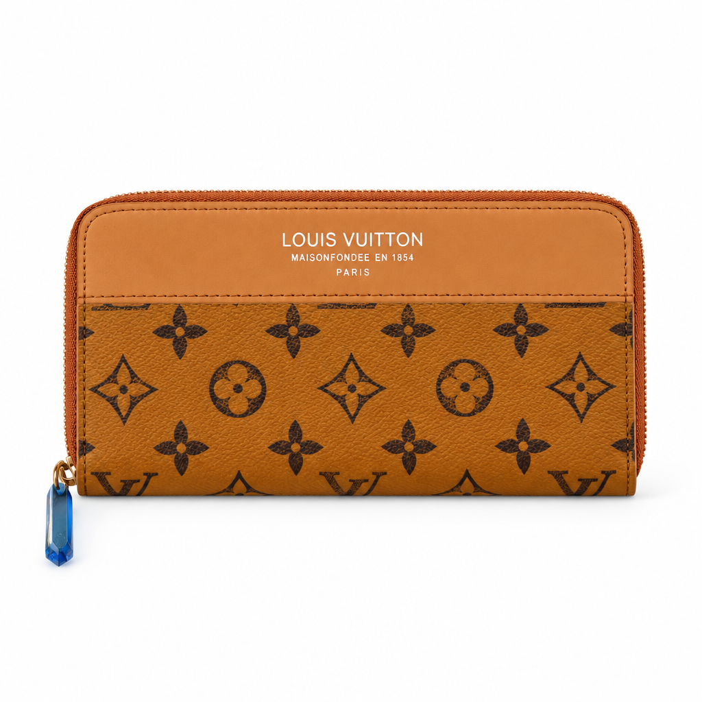 Louis Vuitton style zip around wallet - caramel monogram, studio view