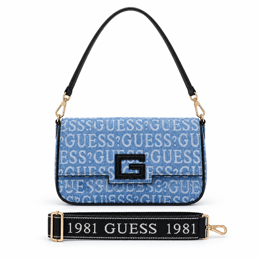 Guess style denim logo baguette bag - light blue, studio view