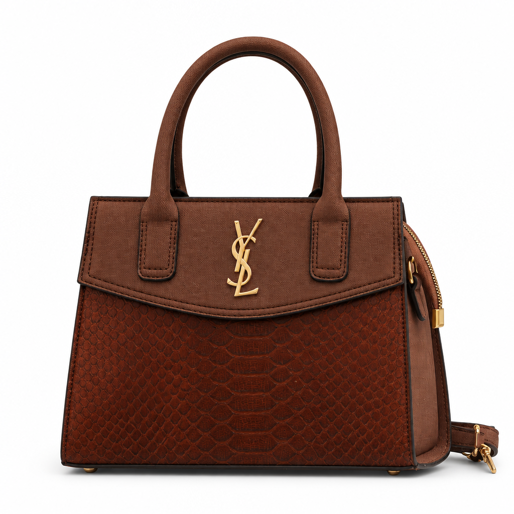 Saint Laurent style snake embossed mini tote - chocolate brown, studio view