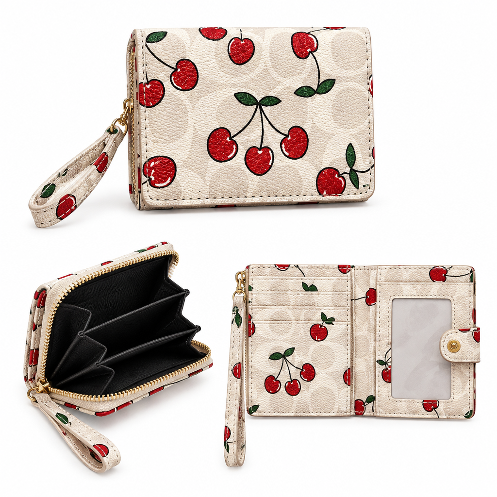 Coach style cherry wallet - white, generated multi-view collage