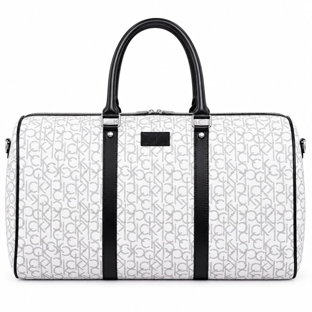 CK style monogram travel duffel - white with black trim, studio view
