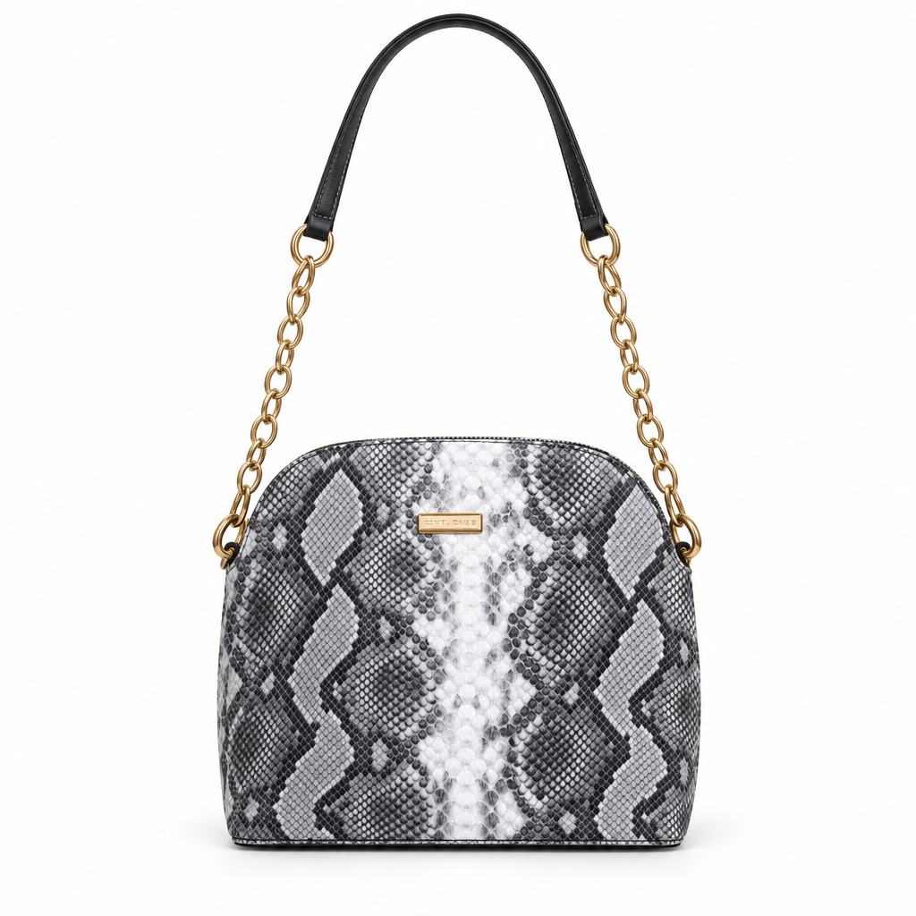 Snake print dome chain shoulder bag - black and grey python, studio view
