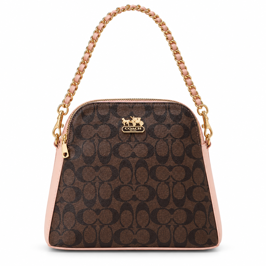 Monogram dome chain bag - brown C monogram with pink trim, studio view