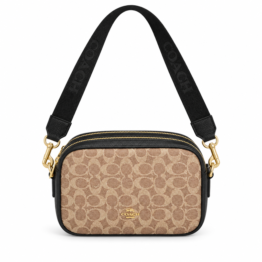 Coach style Signature camera bag with logo strap - tan and black, studio view