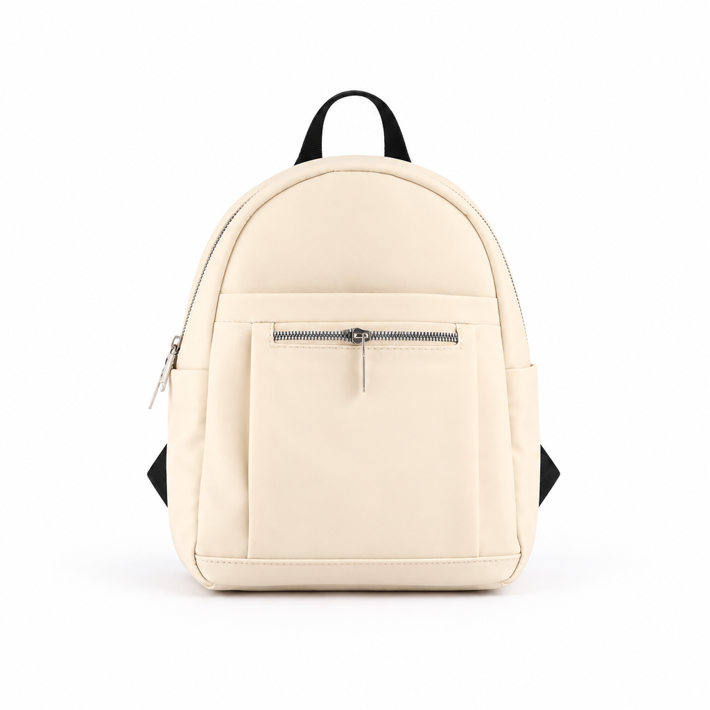 Mini nylon backpack with front zip pocket - cream, studio view