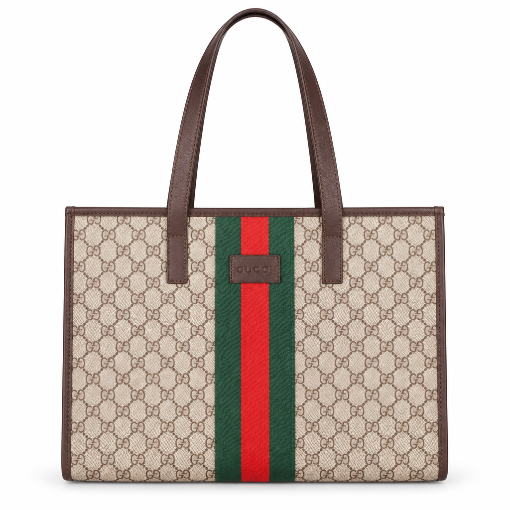 Gucci style GG stripe tote - beige with dark brown trim, studio view