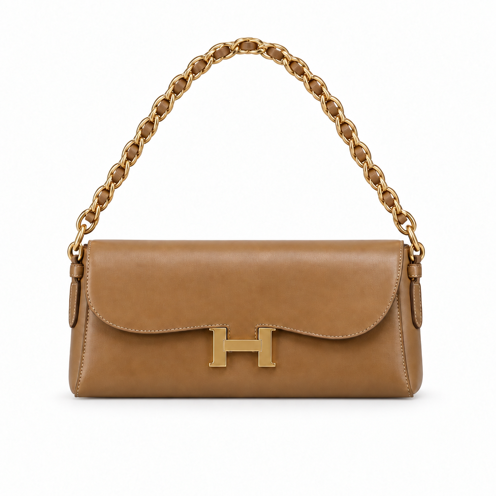 Hermès Style H-Clasp Woven Chain Shoulder Bag - warm brown, studio view