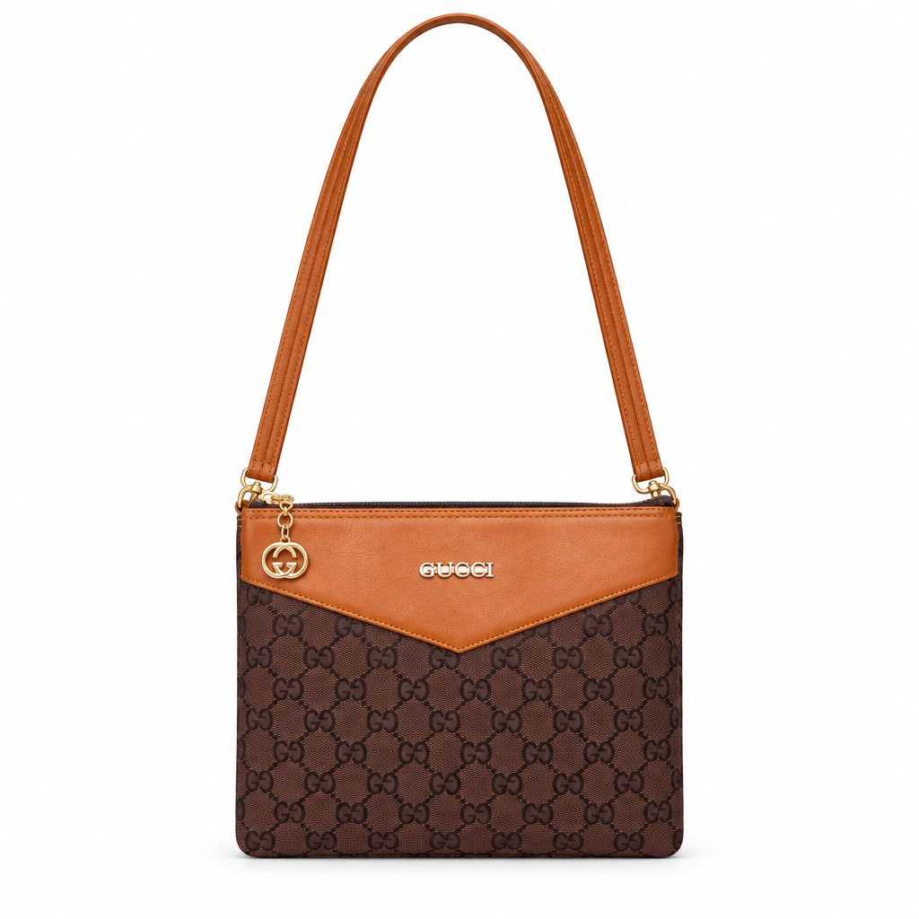 Gucci style GG canvas crossbody pouch - brown with tan, studio view
