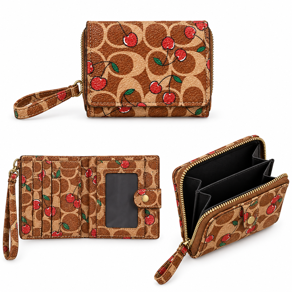 Coach style cherry wallet - brown signature, generated multi-view collage