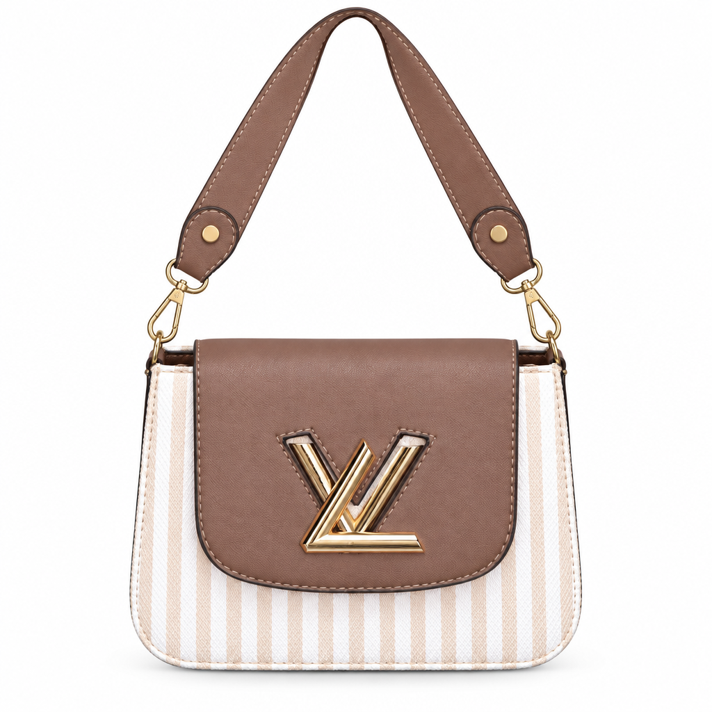 Louis Vuitton style striped twist lock flap bag - taupe and beige stripe, studio view