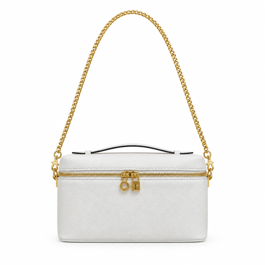 Pebbled leather vanity case bag with gold chain - white, studio view