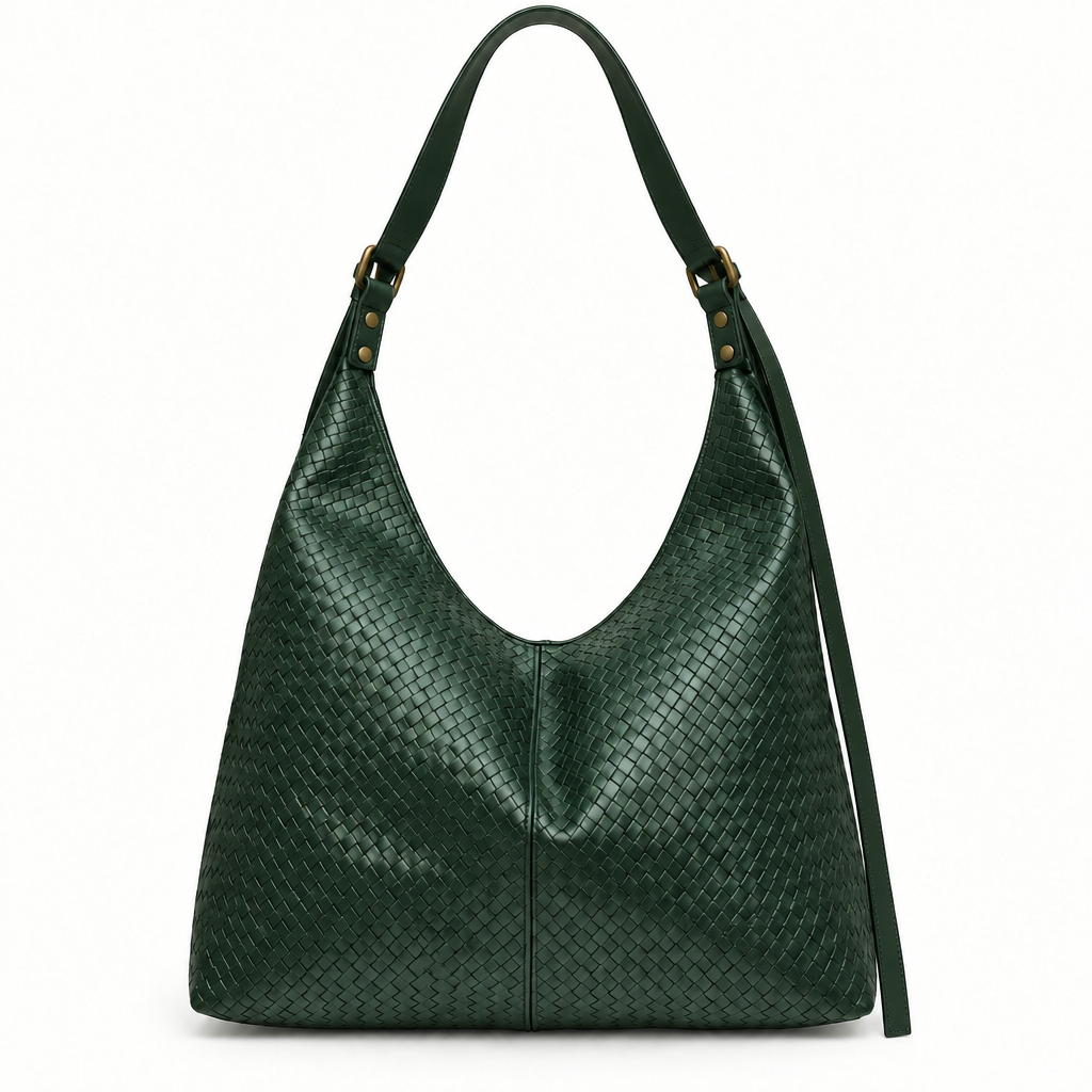 Woven Texture Adjustable-Strap Slouchy Hobo Bag - forest green, studio view