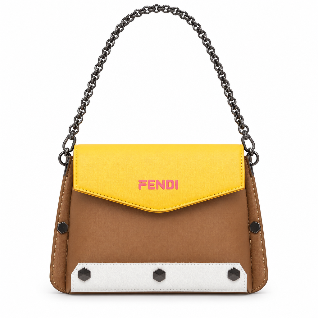 Fendi style color-block chain crossbody bag - tan with yellow flap and white studded base, front studio view