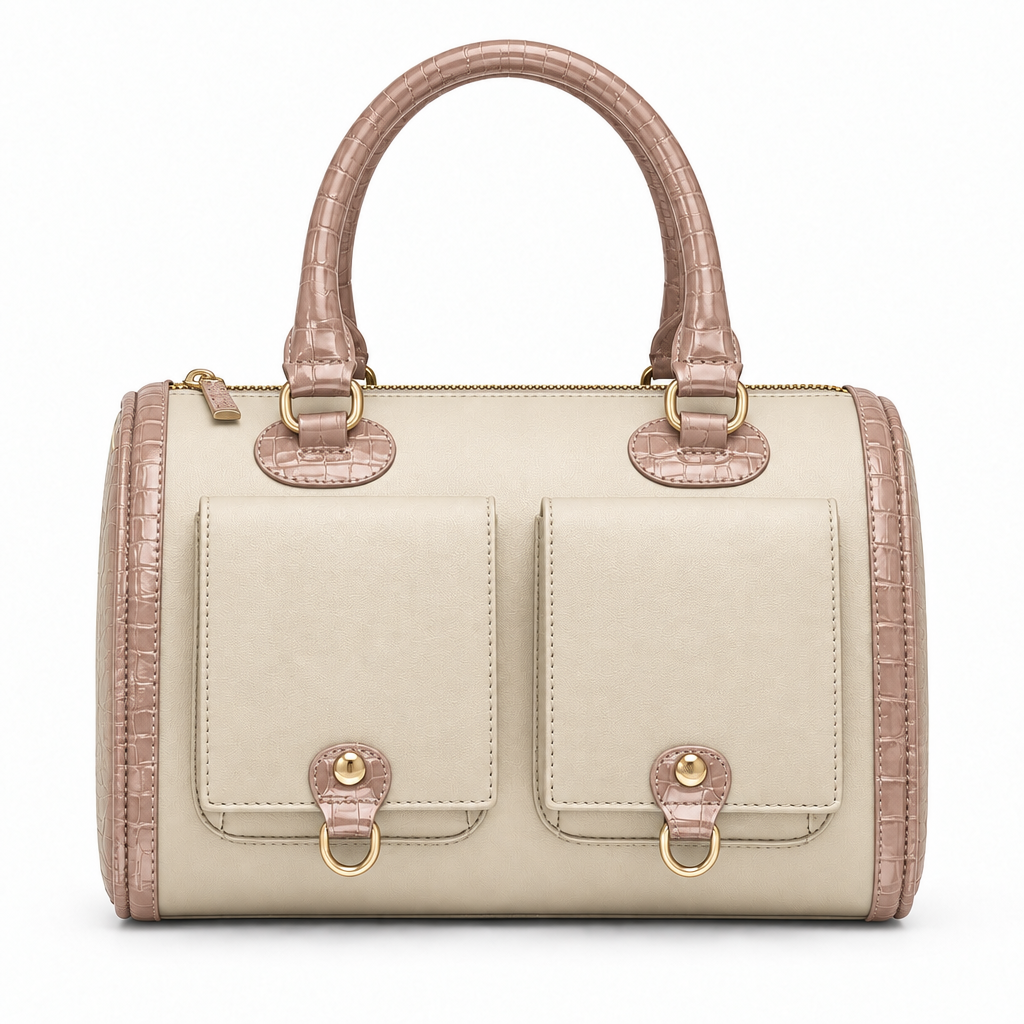 Croc trim barrel handbag with front pockets - cream with pink beige croc trim, studio view