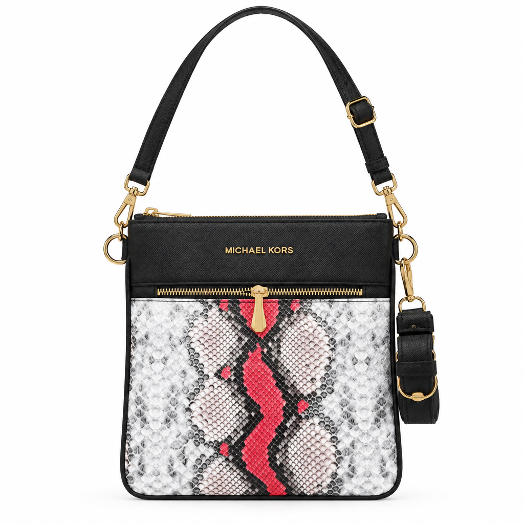 Michael Kors style snake print crossbody bag - white and pink snake with black, studio view