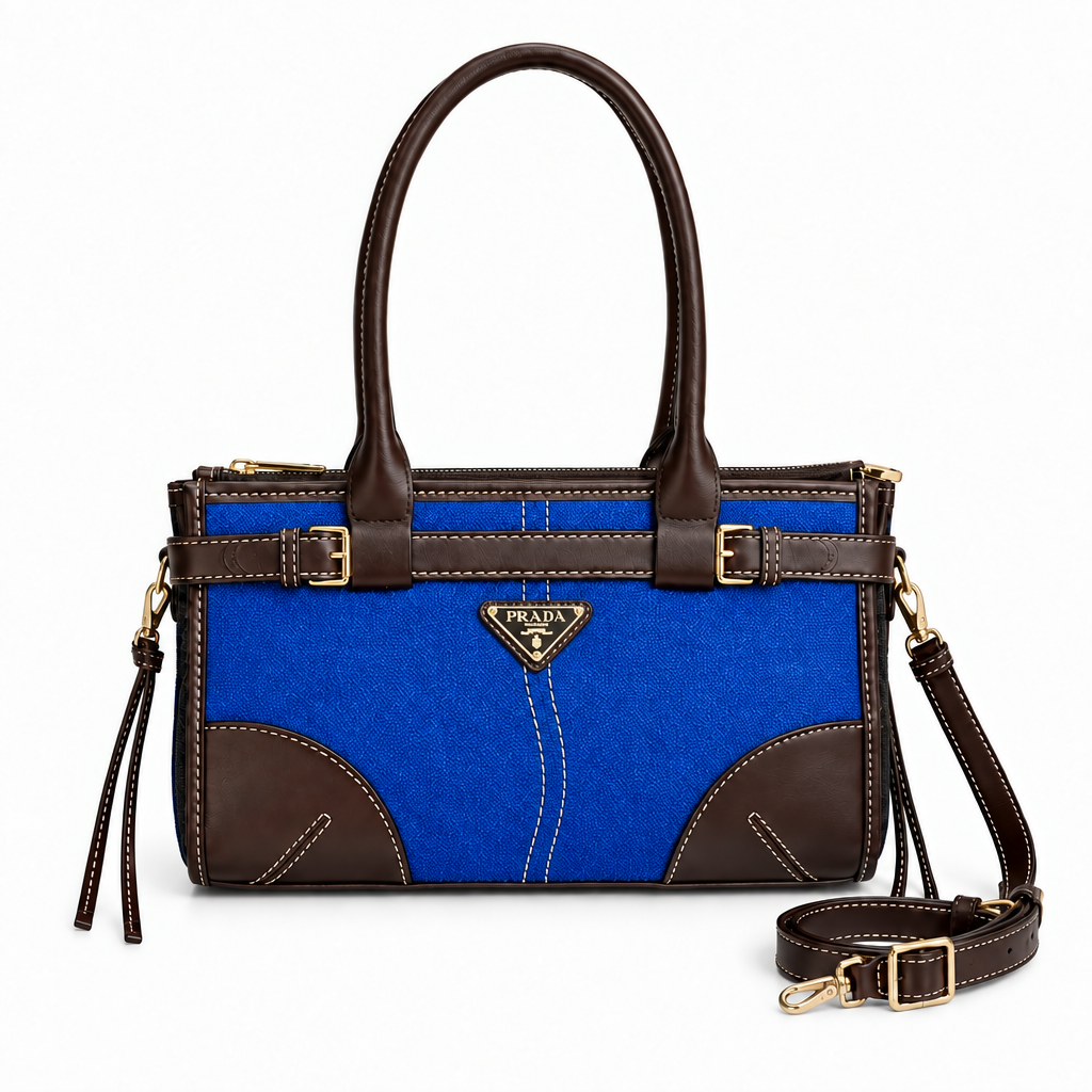 Prada Style Contrast-Trim Twin-Buckle Mini Tote - royal blue, studio view