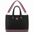 Tommy Hilfiger style TH tote with striped strap - black, studio view
