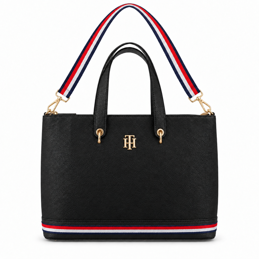 Tommy Hilfiger style TH tote with striped strap - black, studio view