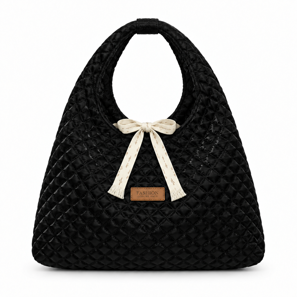 Diamond-Quilted Ribbon Bow Shoulder Tote - glossy black, studio view