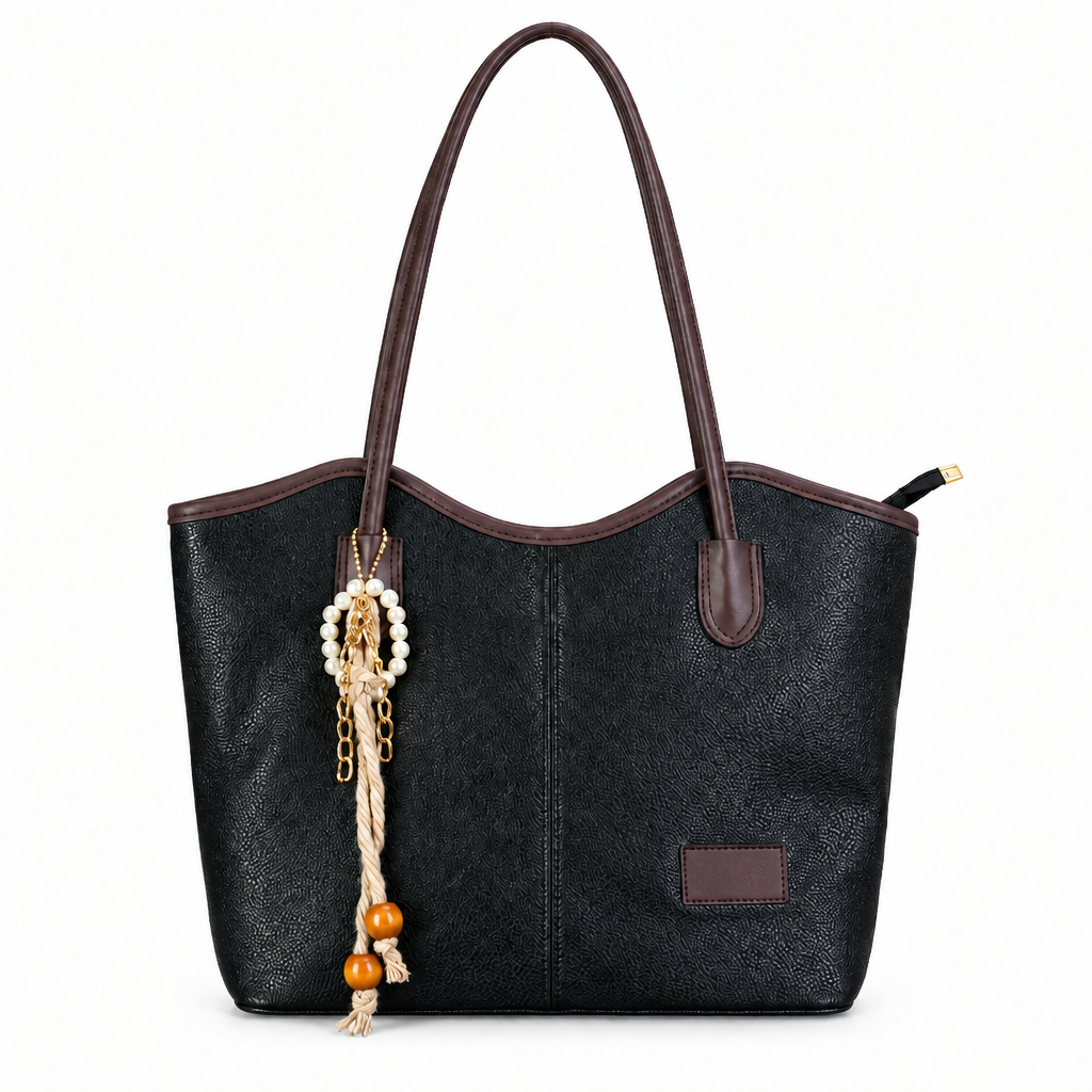 Pearl Charm Curved-Top Shoulder Tote - black with brown trim, studio view