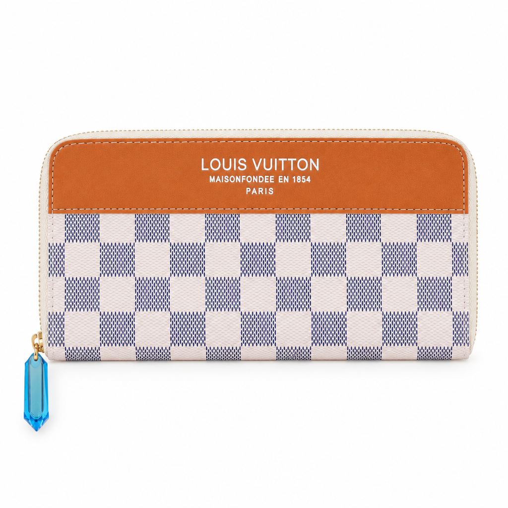 Louis Vuitton style zip around wallet - white check with tan, studio view