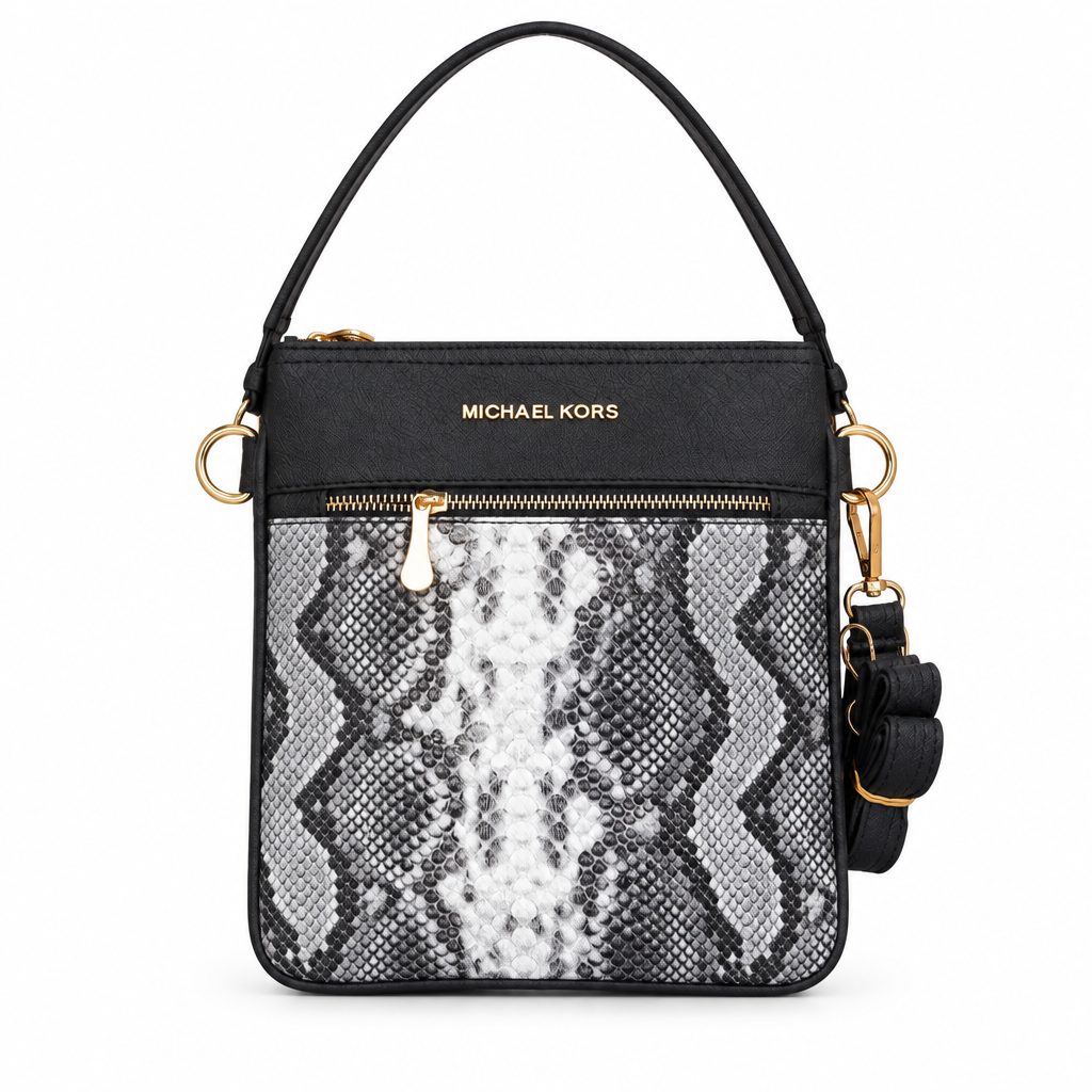 Michael Kors style snake print crossbody bag - black and grey snake, studio view