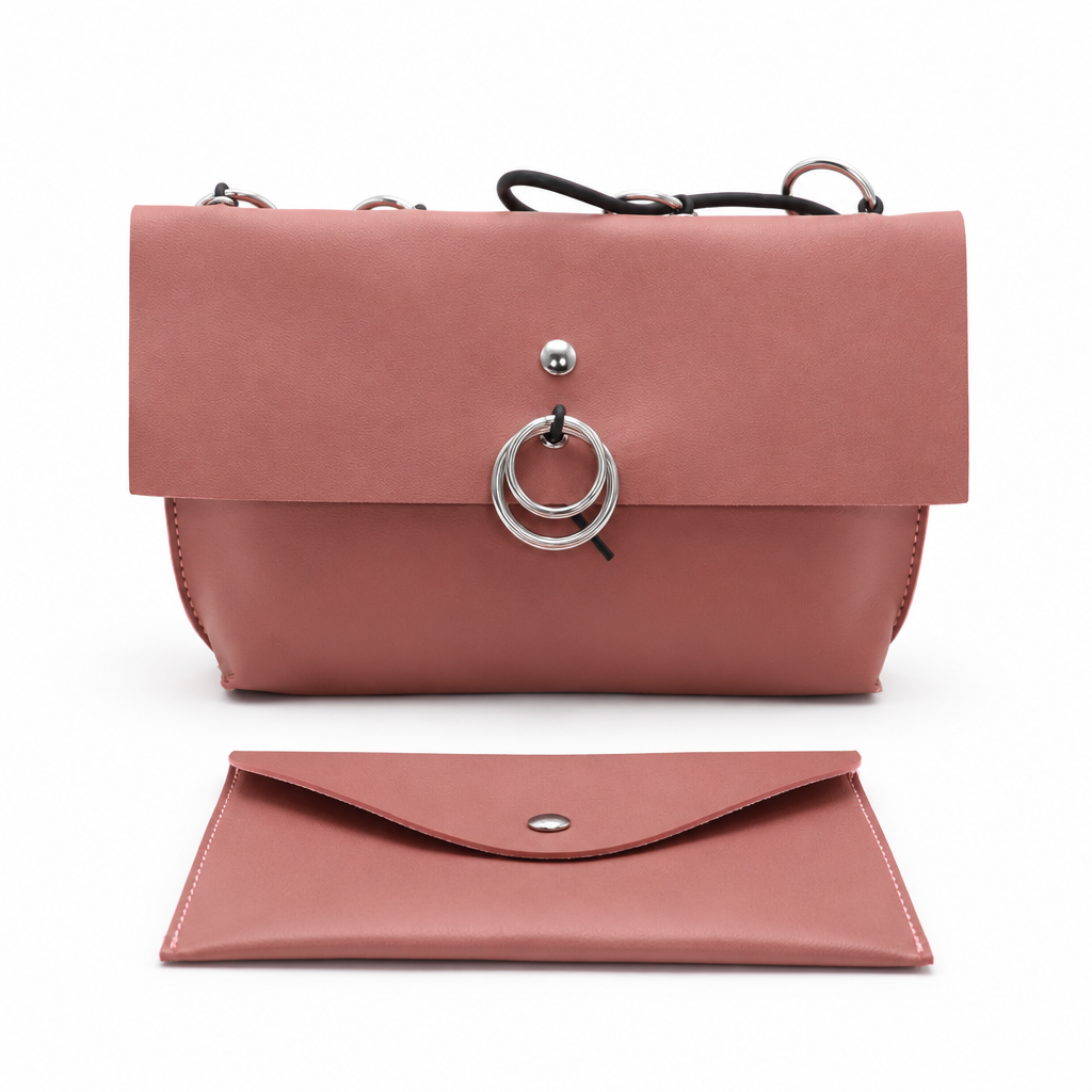 Ring-detail crossbody bag and envelope pouch set - dusty rose pink, studio view