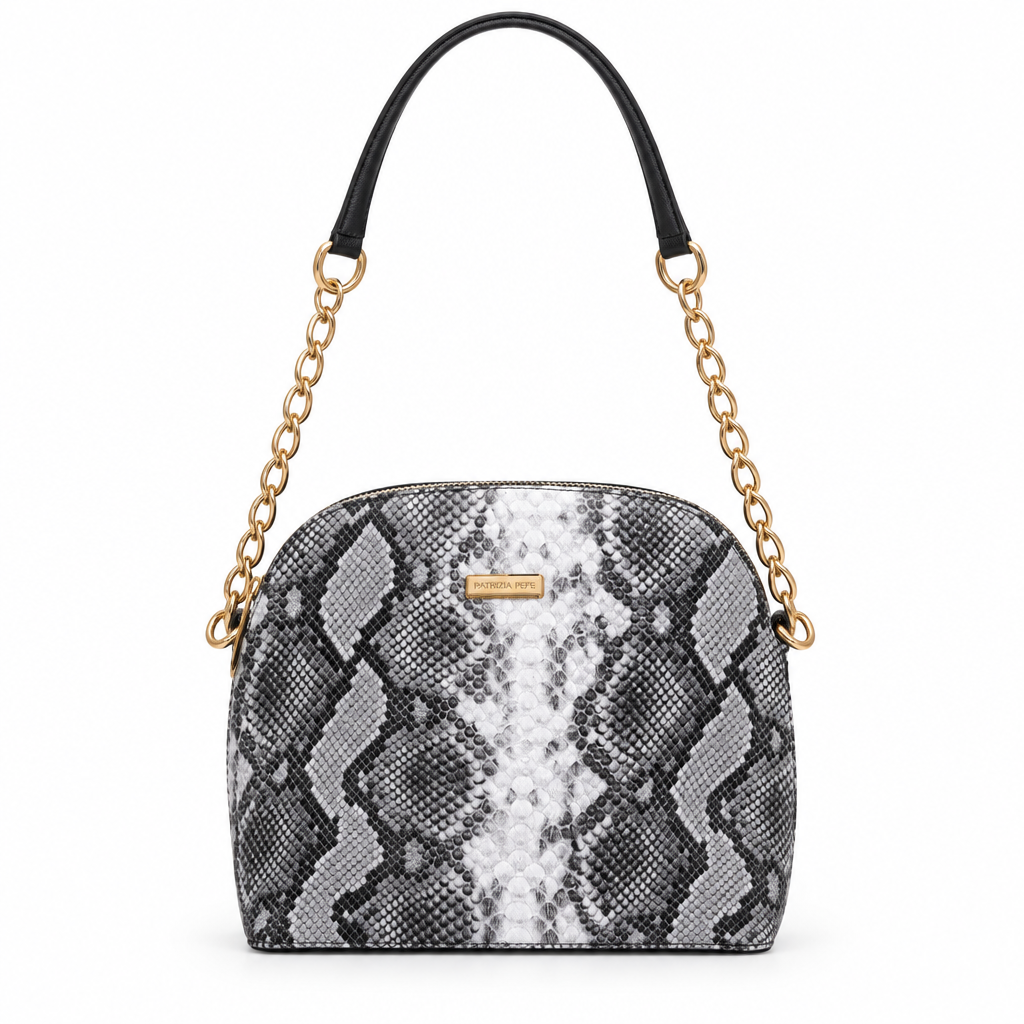 Dome chain shoulder bag - black and white snake print, studio view