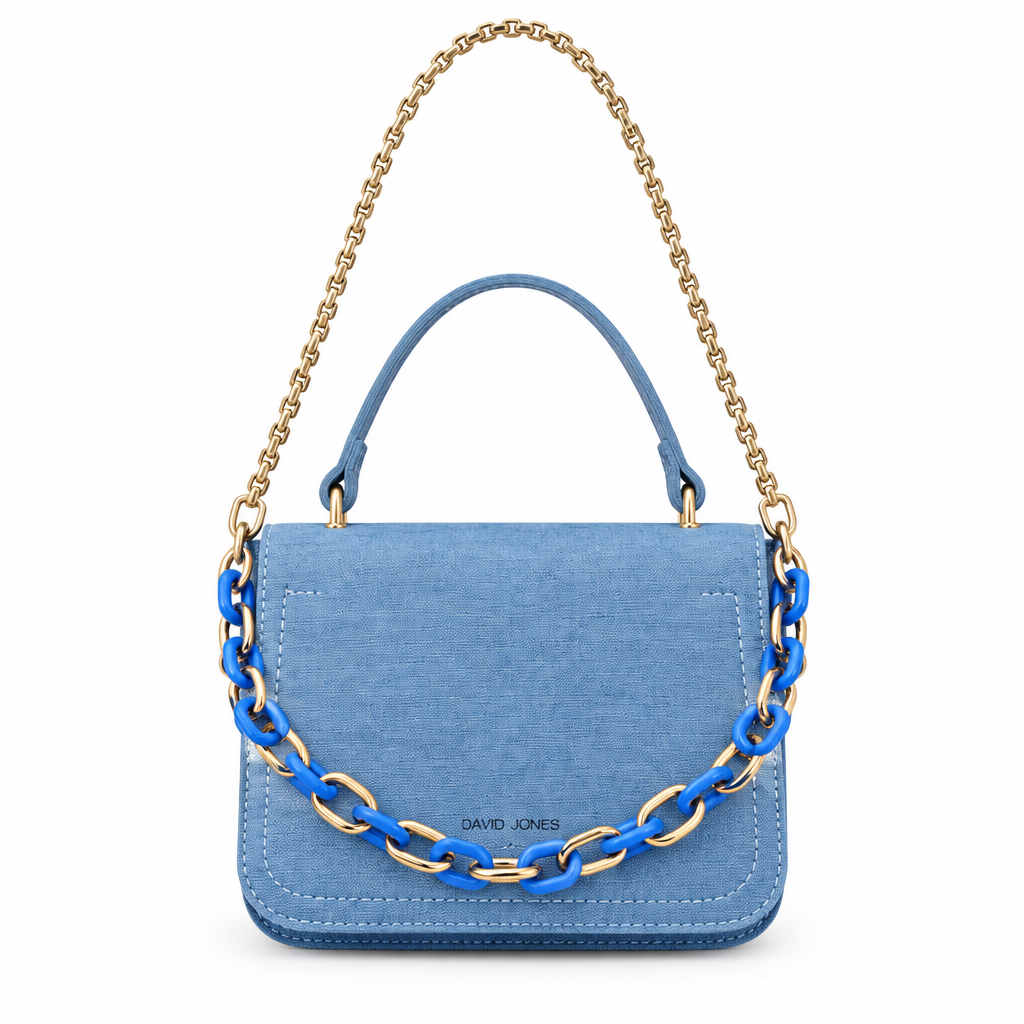 David Jones style mini flap bag with link chain - denim blue, studio view