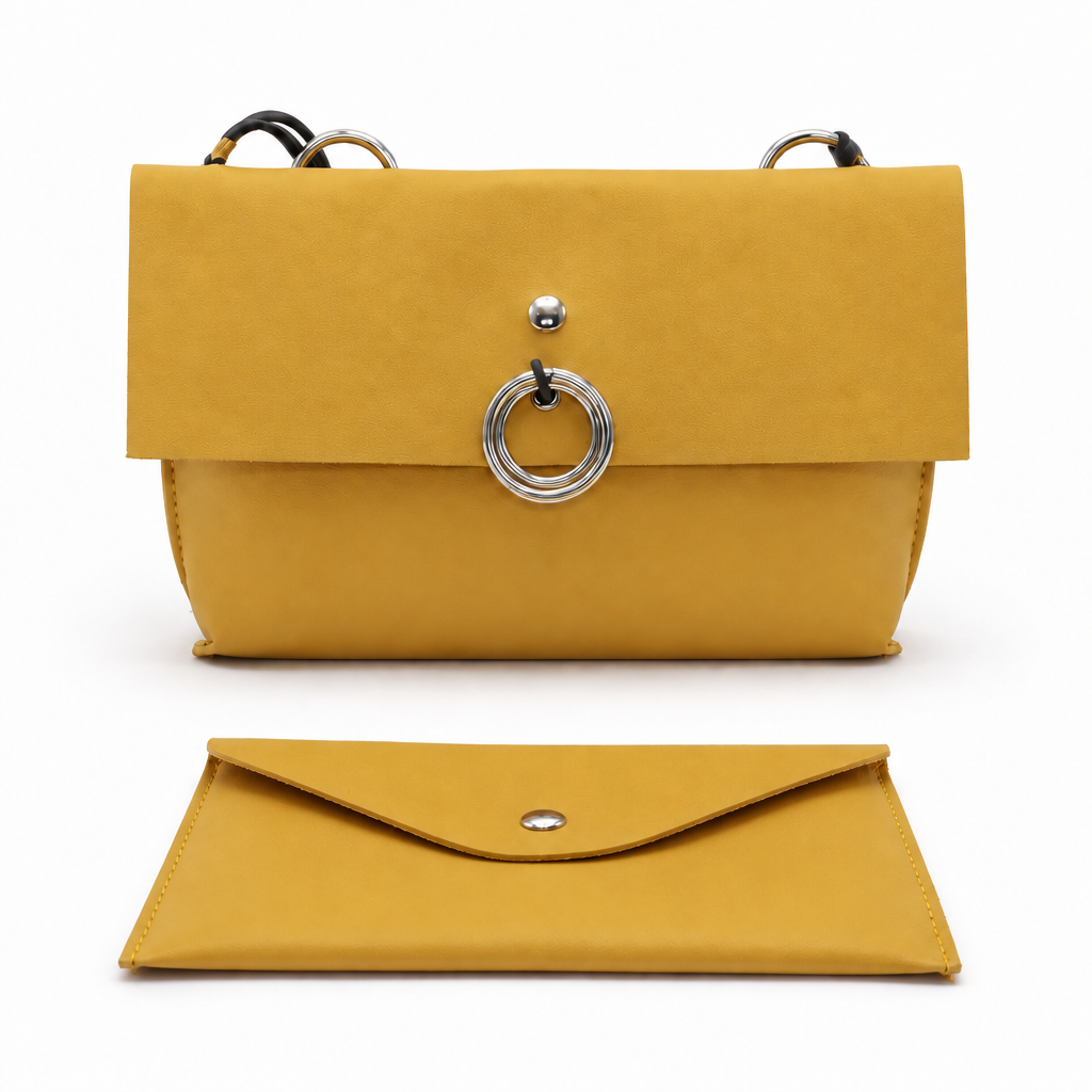 Ring-detail crossbody bag and envelope pouch set - mustard yellow, studio view