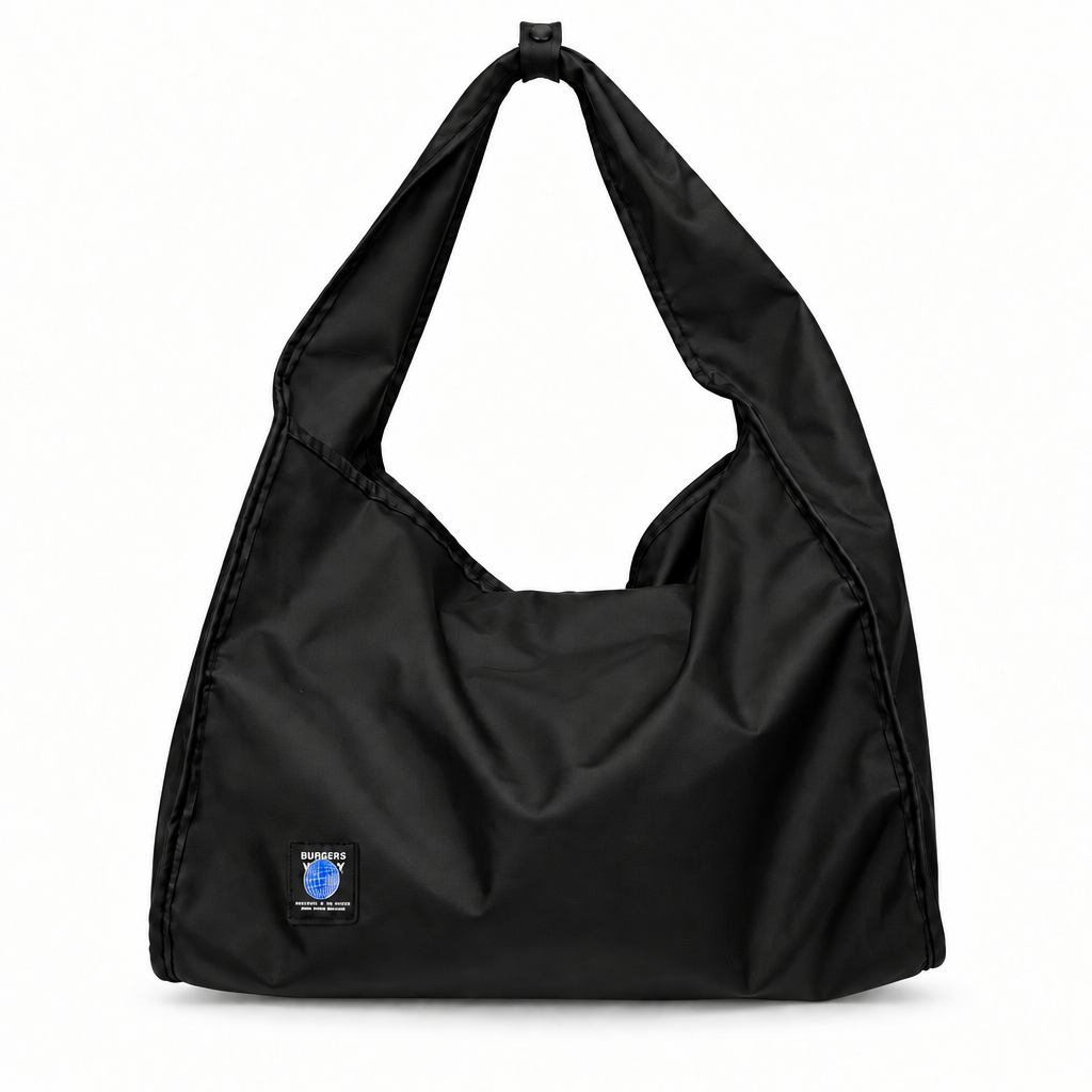 Globe Patch Wide-Strap Slouchy Shoulder Bag - black, studio view
