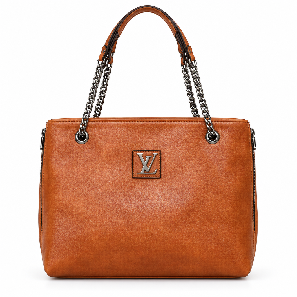 Designer style chain handle tote - Louis Vuitton style plain cognac, studio view
