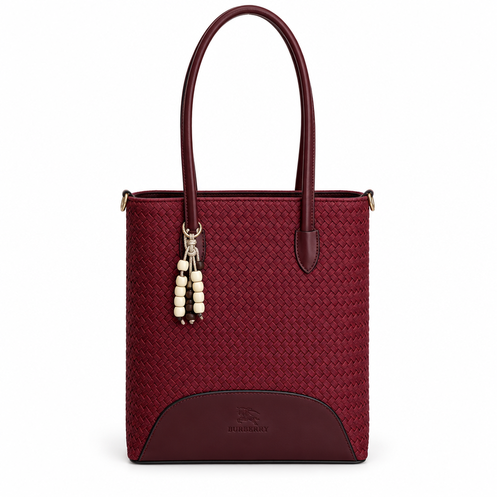 Burberry Style Woven Bead-Charm Shoulder Tote - burgundy, studio view