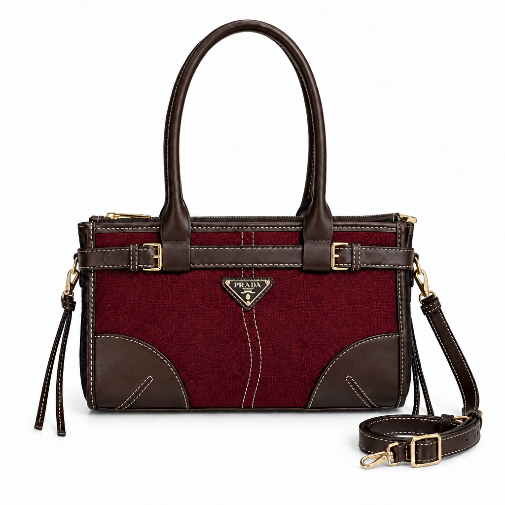 Prada Style Contrast-Trim Twin-Buckle Mini Tote - burgundy, studio view