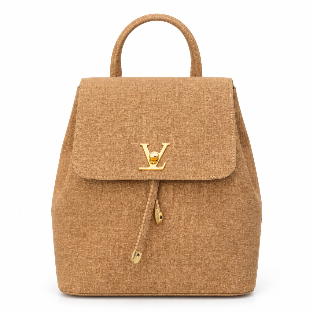 Designer style flap backpack - camel LV style, studio view