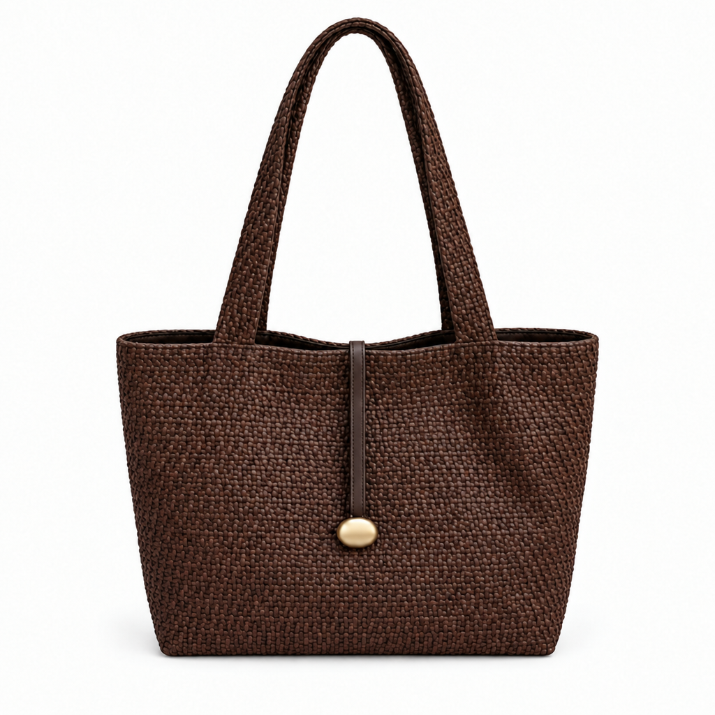 Woven Texture Gold-Charm Shoulder Tote - dark brown, studio view