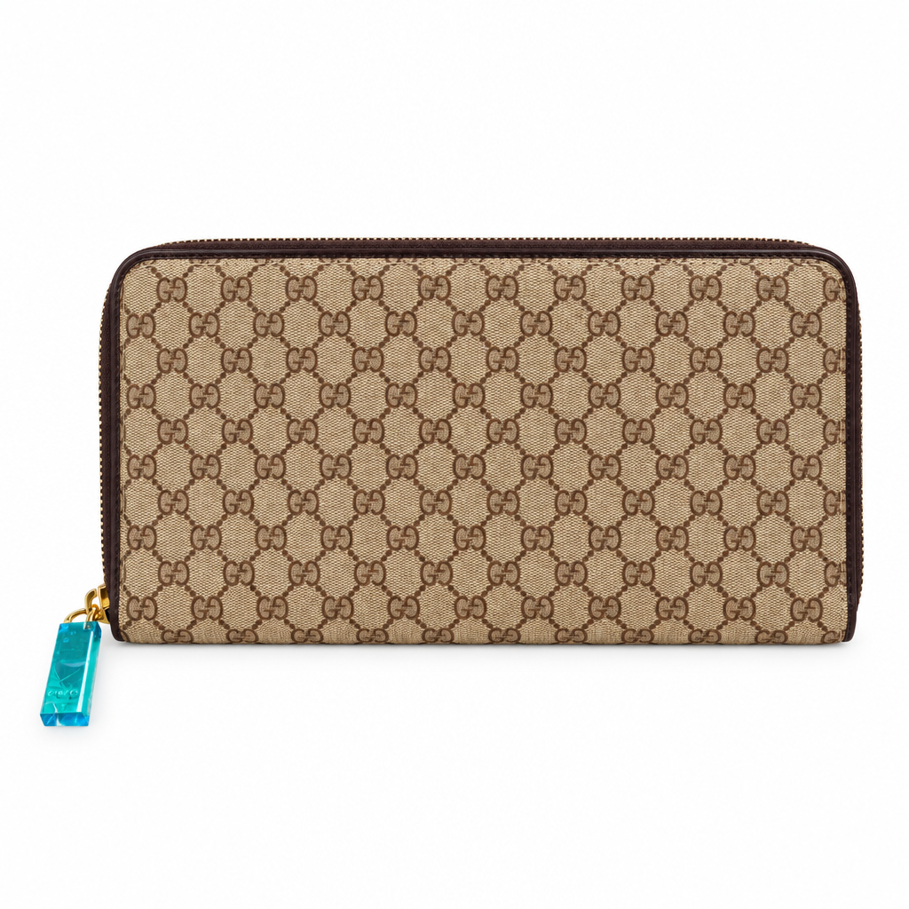 Gucci style GG canvas zip around wallet - beige with small brown GG, studio view
