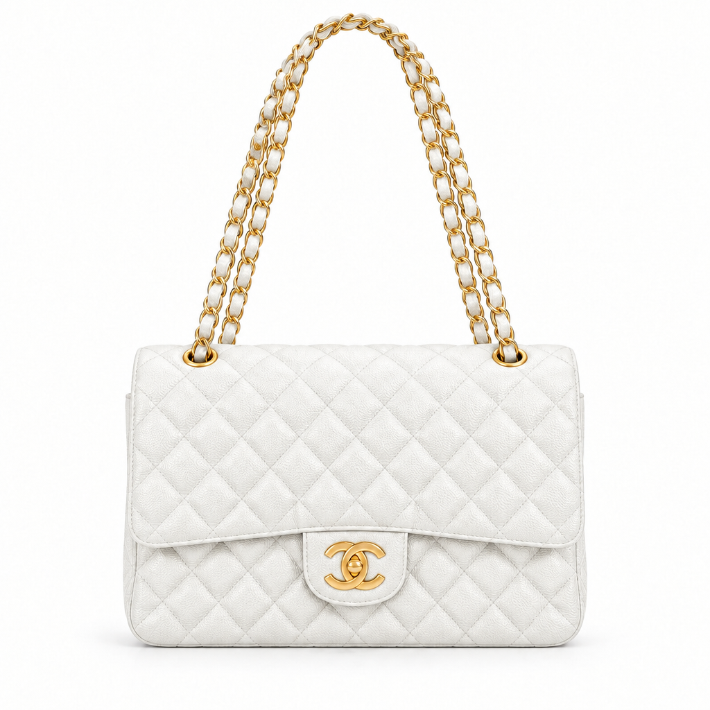 Chanel style medium classic quilted flap bag - white, studio view