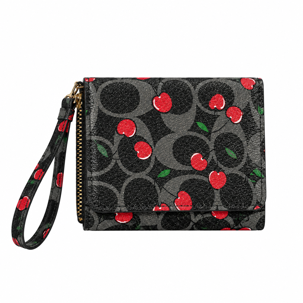 Coach style cherry wristlet wallet - black signature, studio view