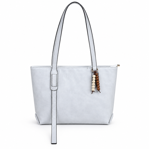 Bead Charm Long-Handle Zip-Top Shoulder Tote - white, studio view
