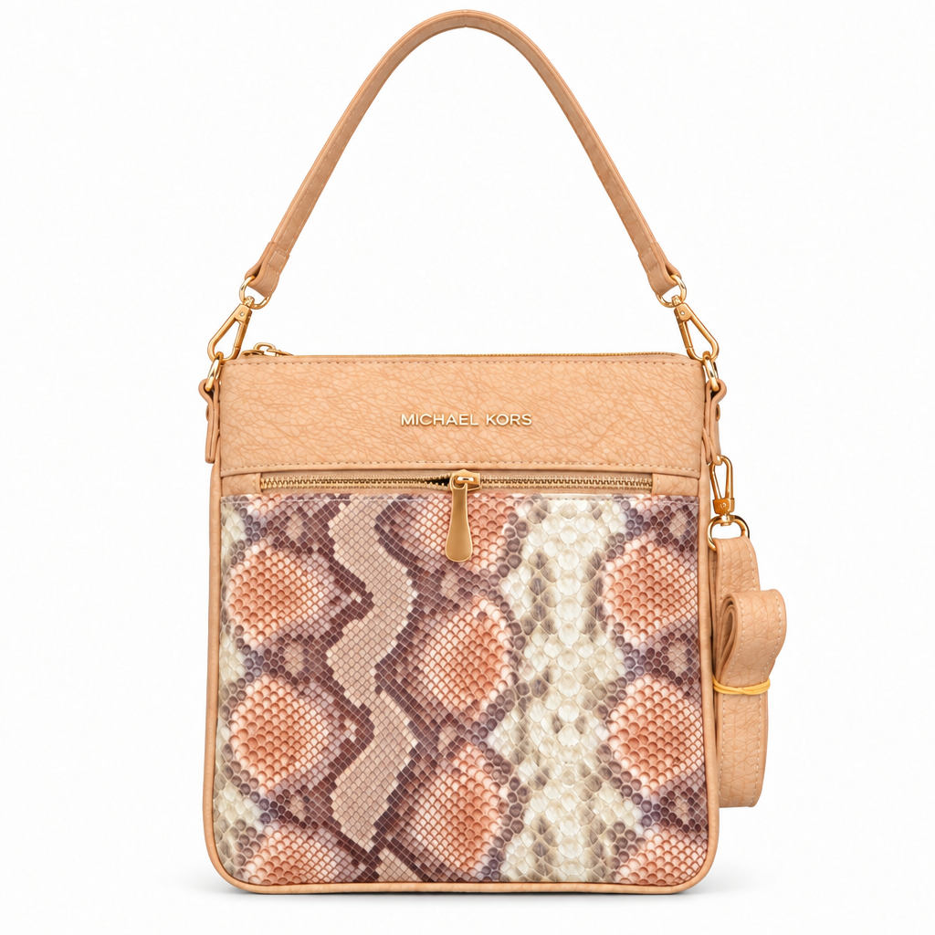 Michael Kors style snake print crossbody bag - peach snake with tan, studio view