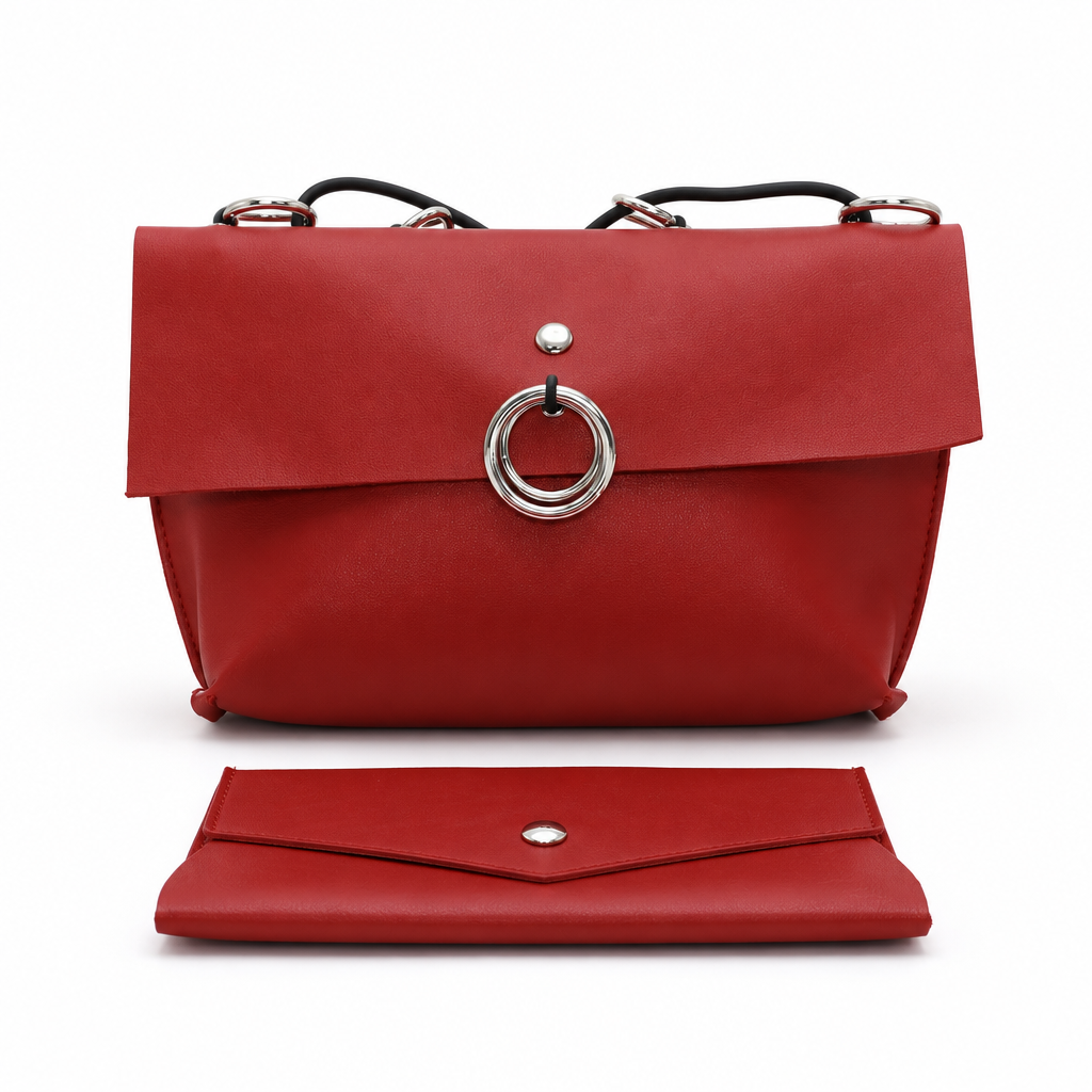 Ring-detail crossbody bag and envelope pouch set - red, studio view