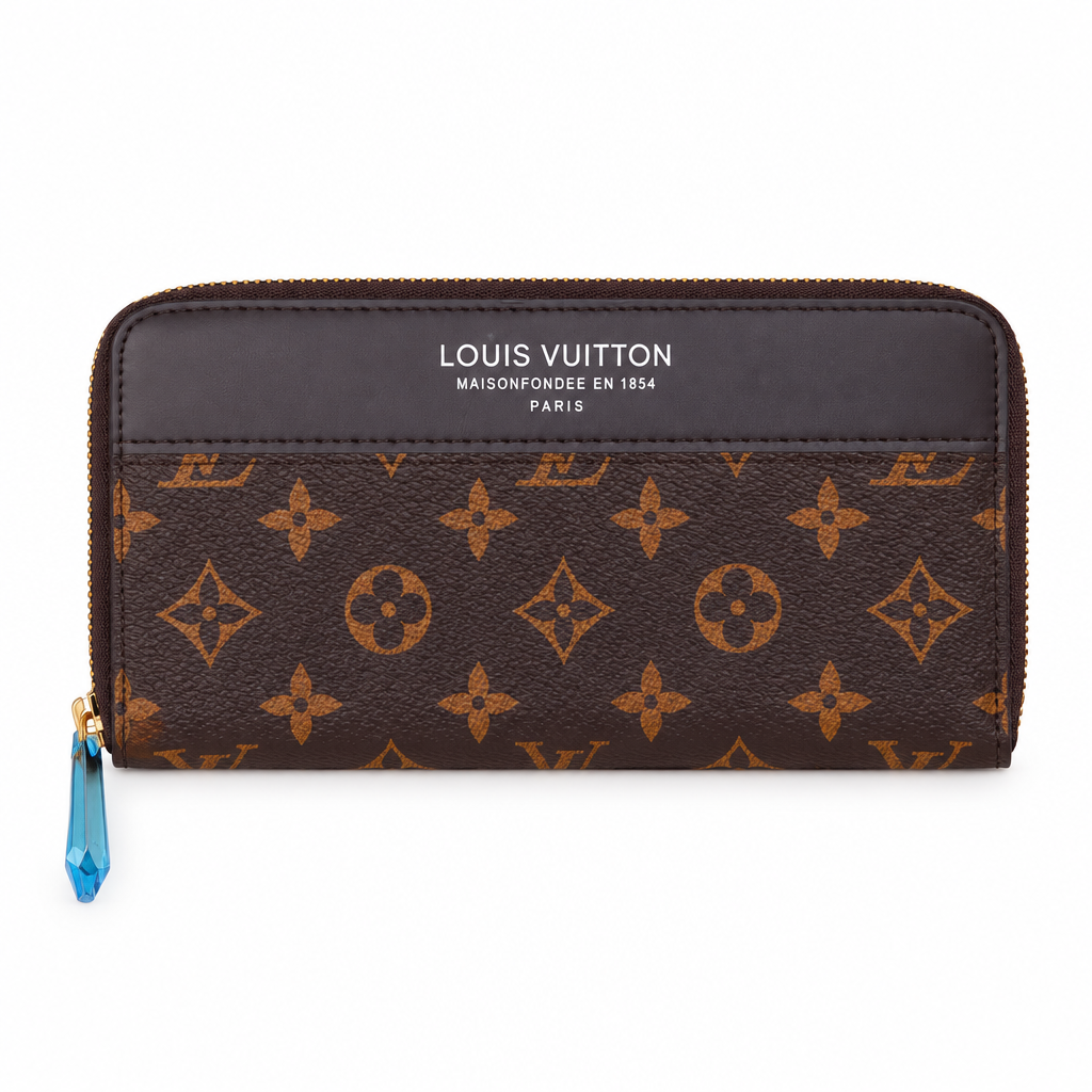 Louis Vuitton style zip around wallet - brown monogram, studio view