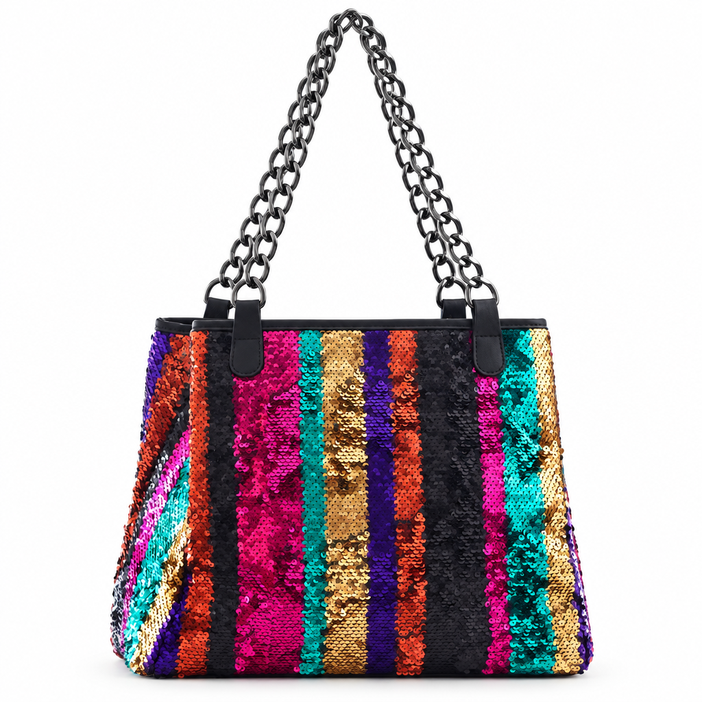 Sequin chain tote bag - rainbow stripe, studio view