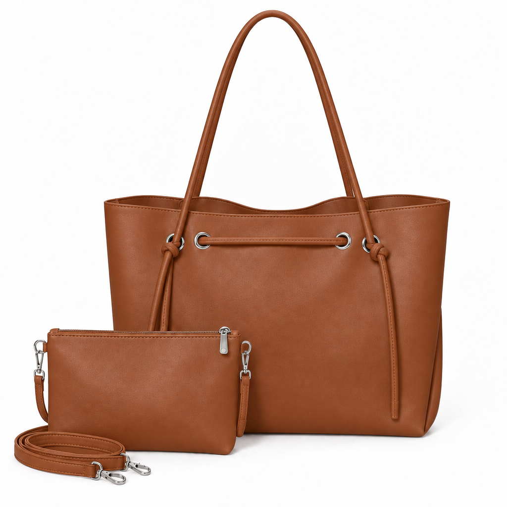 Knotted Cord Shoulder Tote & Matching Pouch Set - cognac brown, studio view